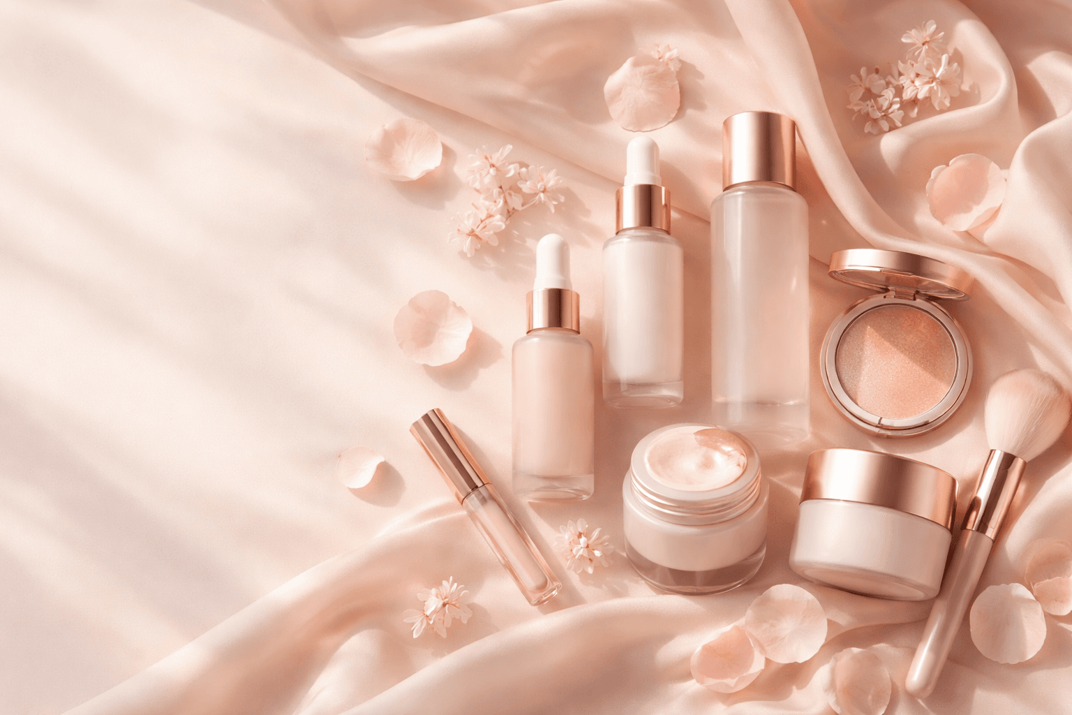 Luxury beauty products on silk fabric